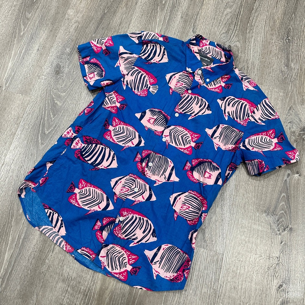 Bonobos Shirt Mens Medium Slim Fit Short Sleeve Button Down Blue Pink Fish Shirt